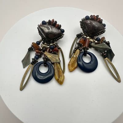 Vintage 90s Beaded Statement Dangle Earrings Boho Women's Classic Jewelry