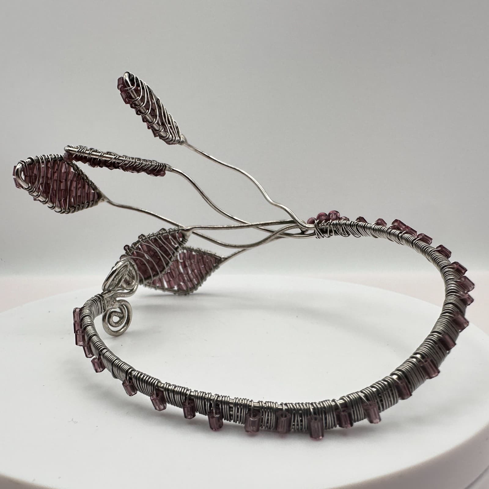 Vintage Y2K Silver Tone Wire Wrapped Purple Seed Beaded Hand Bracelet Jewelry - Thumbnail 8