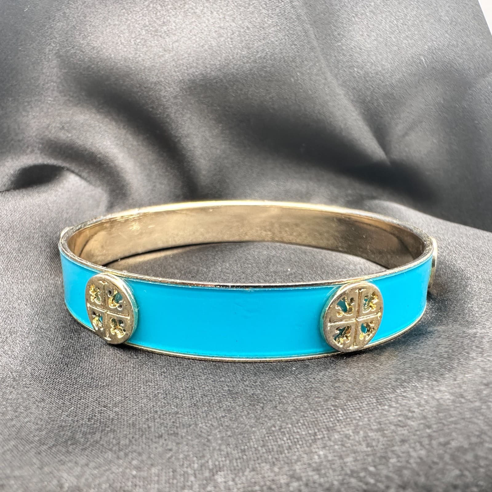 Vintage 90 Gold Tone Blue Enamel Bracelet Statement Women's Classic Jewelry - Thumbnail 5