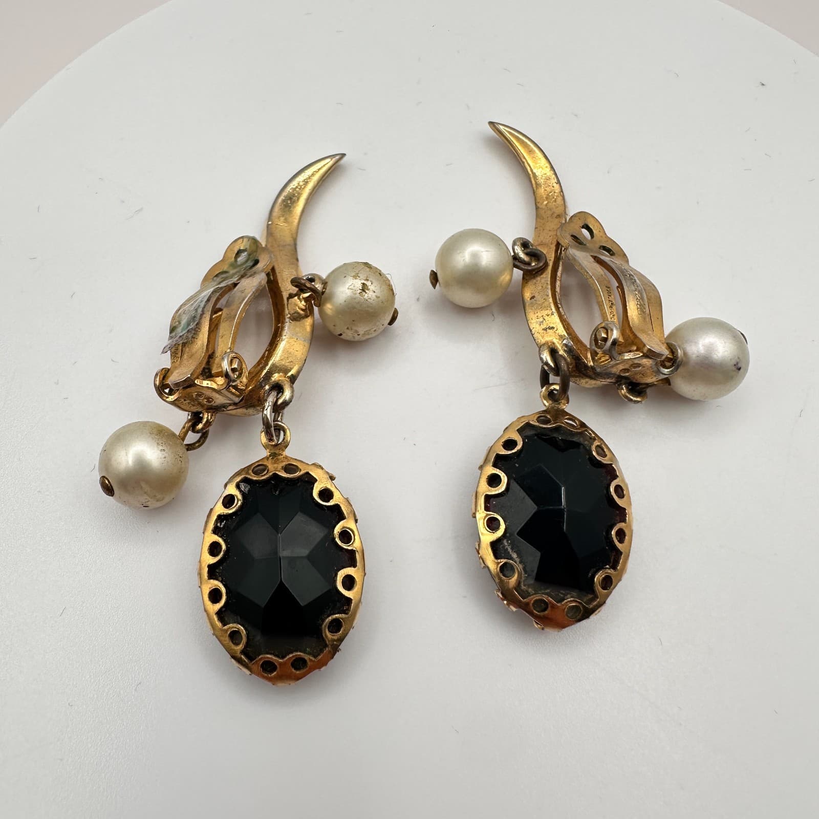 Vintage 90s Black Onyx Faux Pearl Beaded Gold Tone Earrings Statement Jewelry