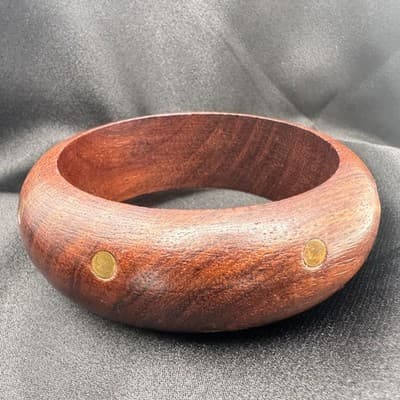Vintage 90s Wooden Bracelet Brass Tone Dot Statement Women's Classic Jewelry - Thumbnail 5
