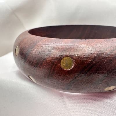 Vintage 90s Wooden Bracelet Brass Tone Dot Statement Women's Classic Jewelry - Thumbnail 4