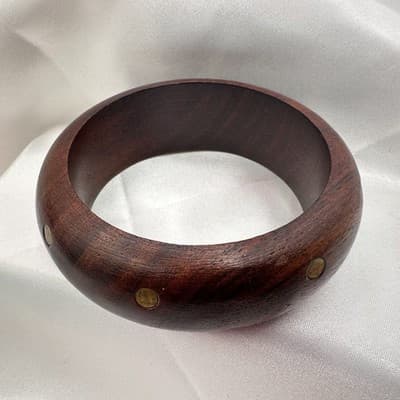 Vintage 90s Wooden Bracelet Brass Tone Dot Statement Women's Classic Jewelry - Thumbnail 2