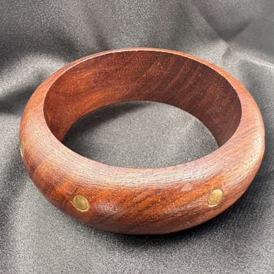 Vintage 90s Wooden Bracelet Brass Tone Dot Statement Women's Classic Jewelry - Thumbnail 6