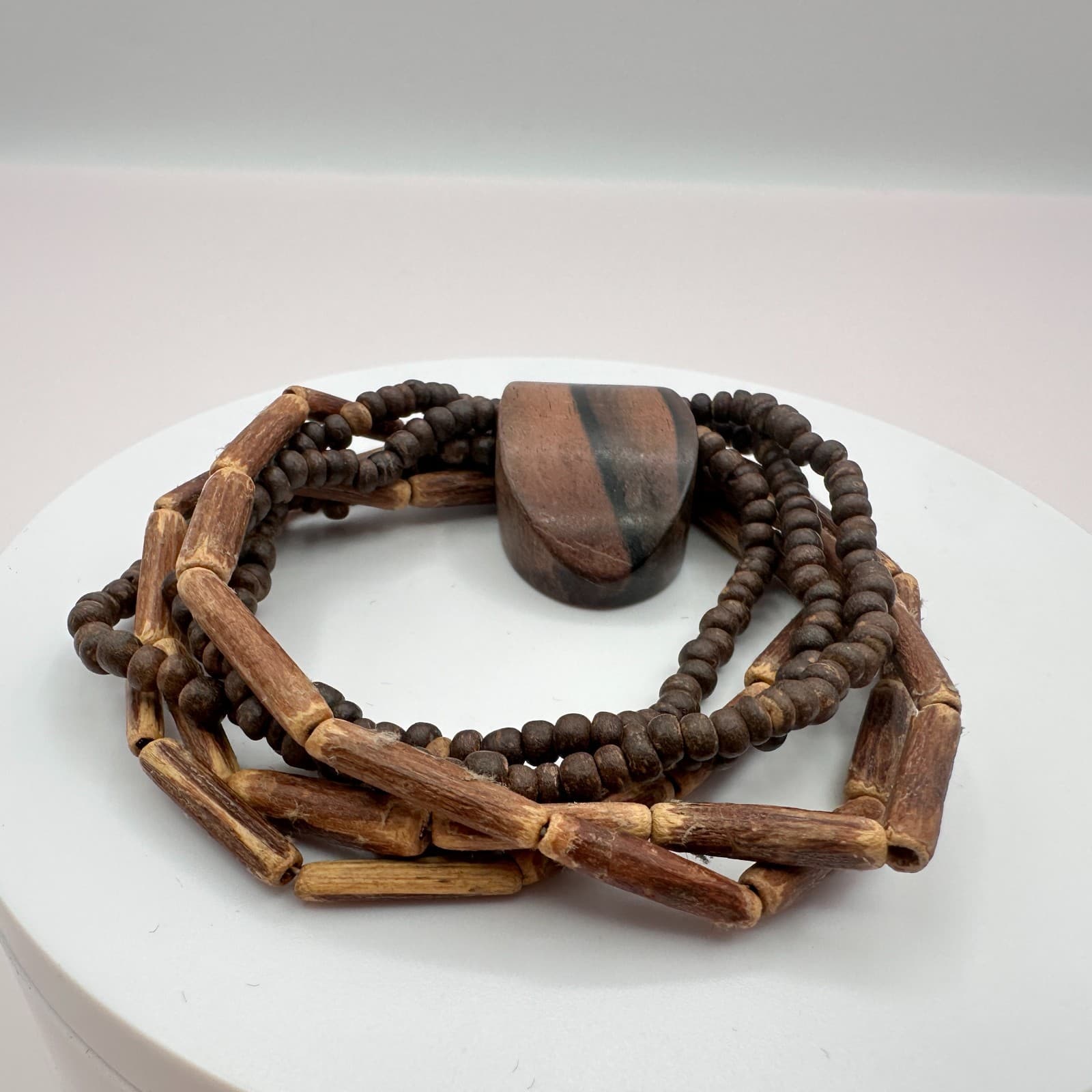 Vintage 90s Wooden Beads Multi Strand Bracelet Boho Statement Women's Jewelry - Thumbnail 2