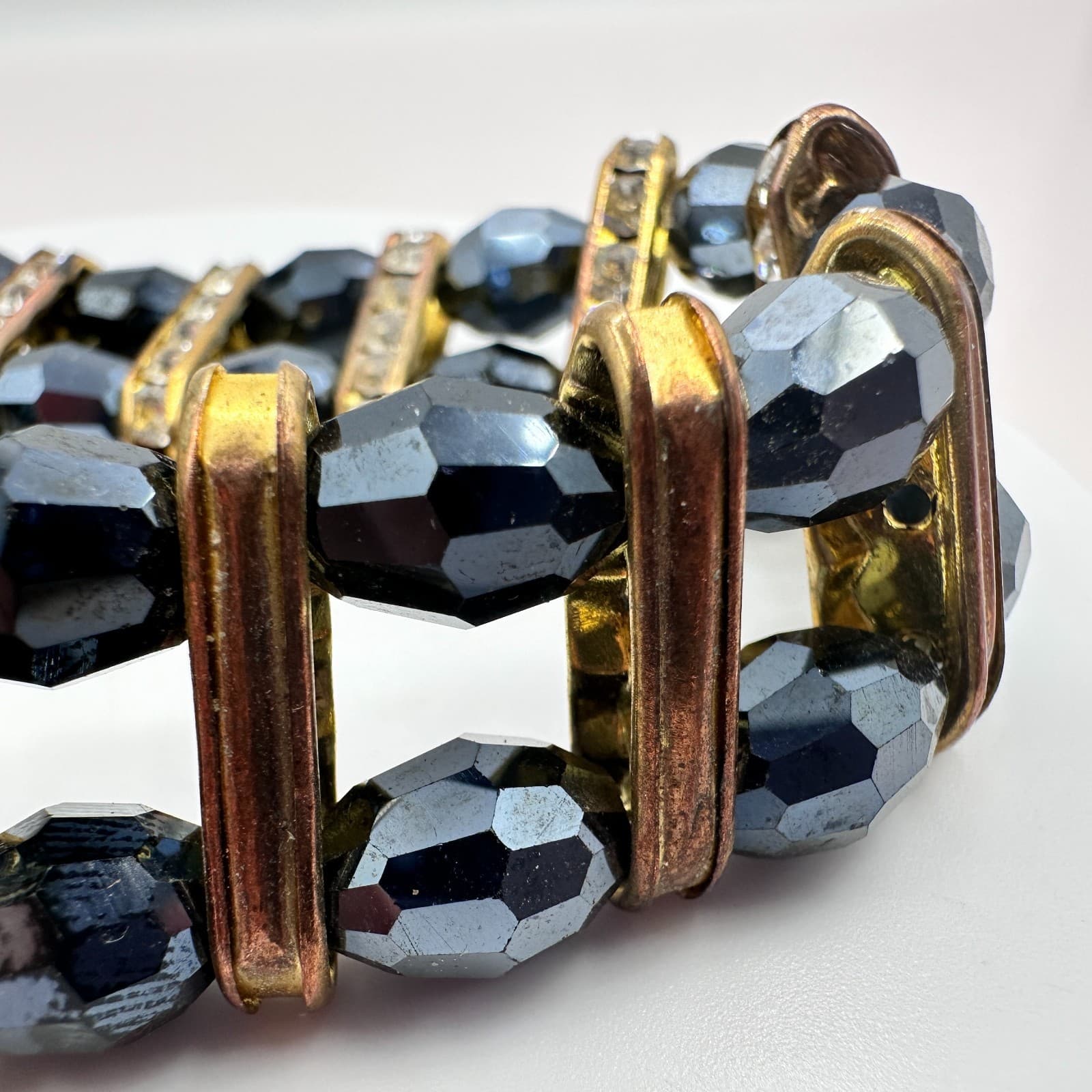 VTG Gold Tone Multi Row Stretch Bracelet Black Hematite Glass Bead Rhinestone - Thumbnail 4