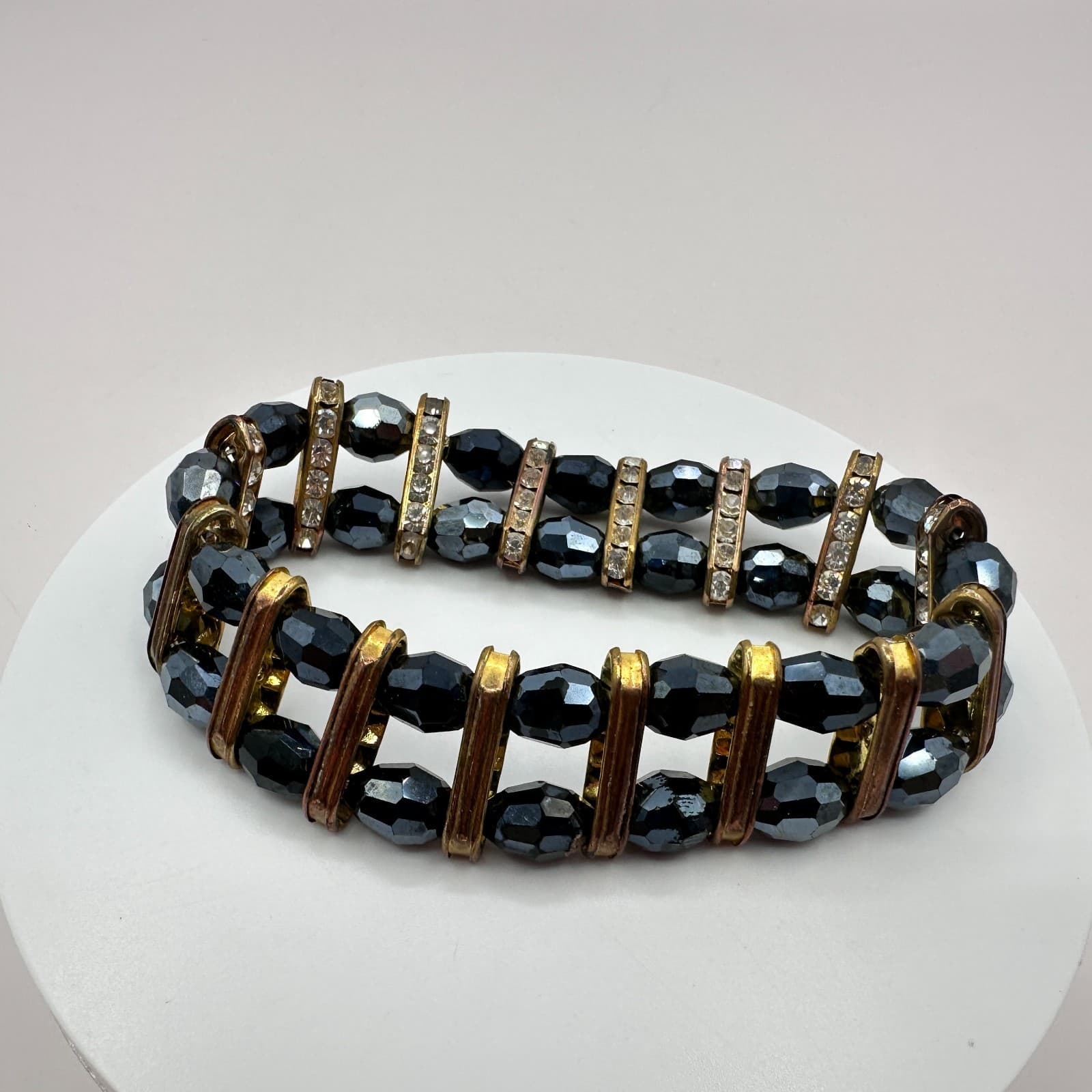 VTG Gold Tone Multi Row Stretch Bracelet Black Hematite Glass Bead Rhinestone - Thumbnail 2
