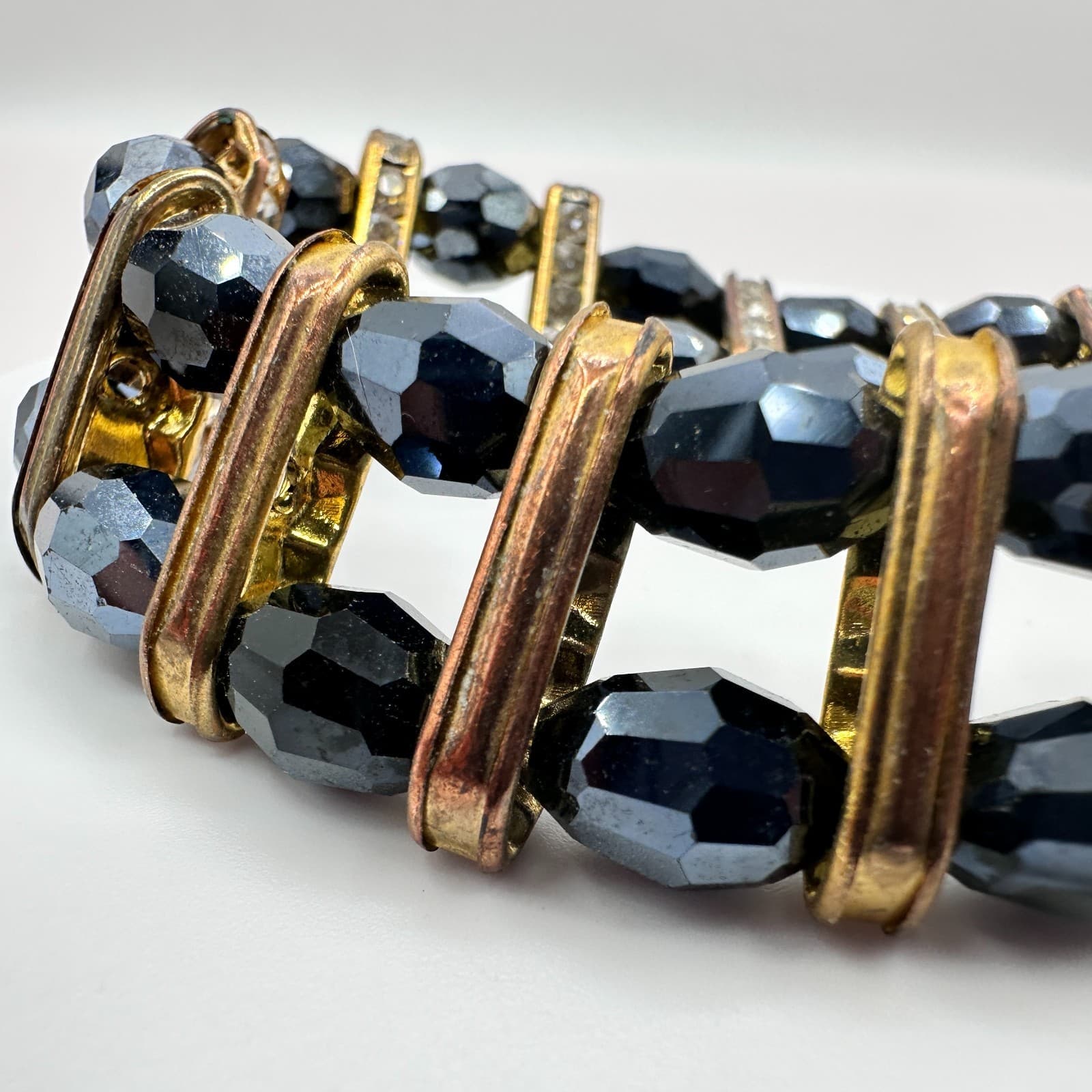 VTG Gold Tone Multi Row Stretch Bracelet Black Hematite Glass Bead Rhinestone - Thumbnail 3