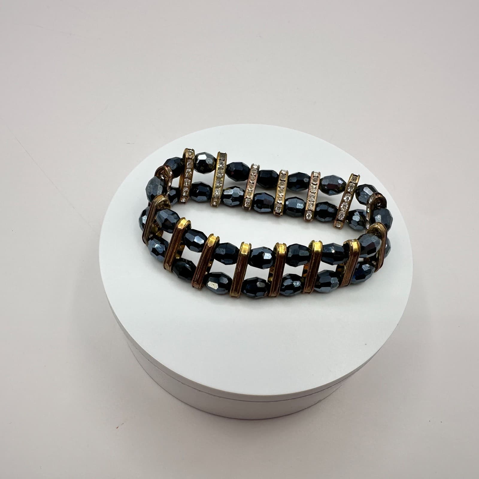 VTG Gold Tone Multi Row Stretch Bracelet Black Hematite Glass Bead Rhinestone - Thumbnail 5