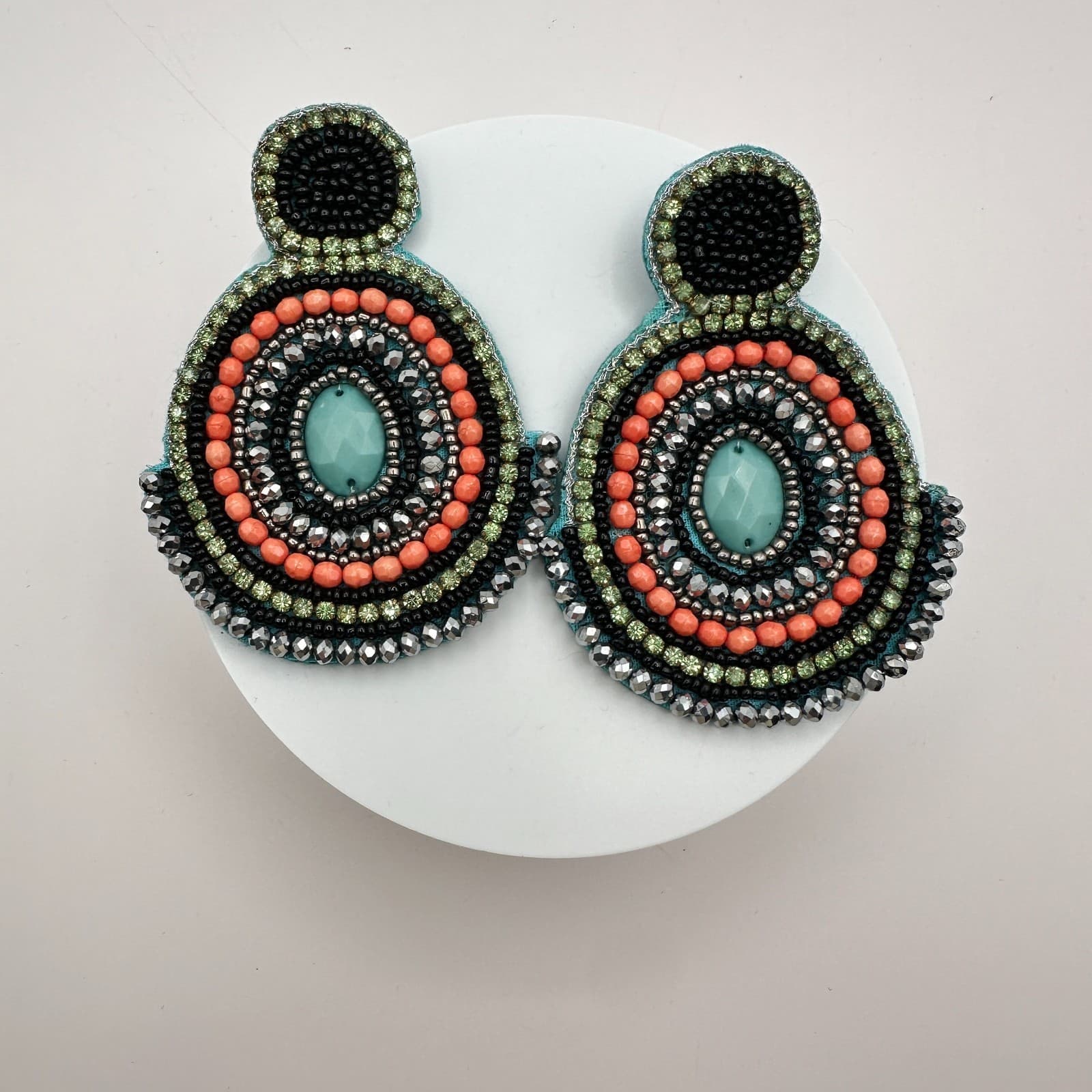 Vintage 90s Polycrome Seed Beaded Green Rhinestone Earrings Women's Jewelry - Thumbnail 3