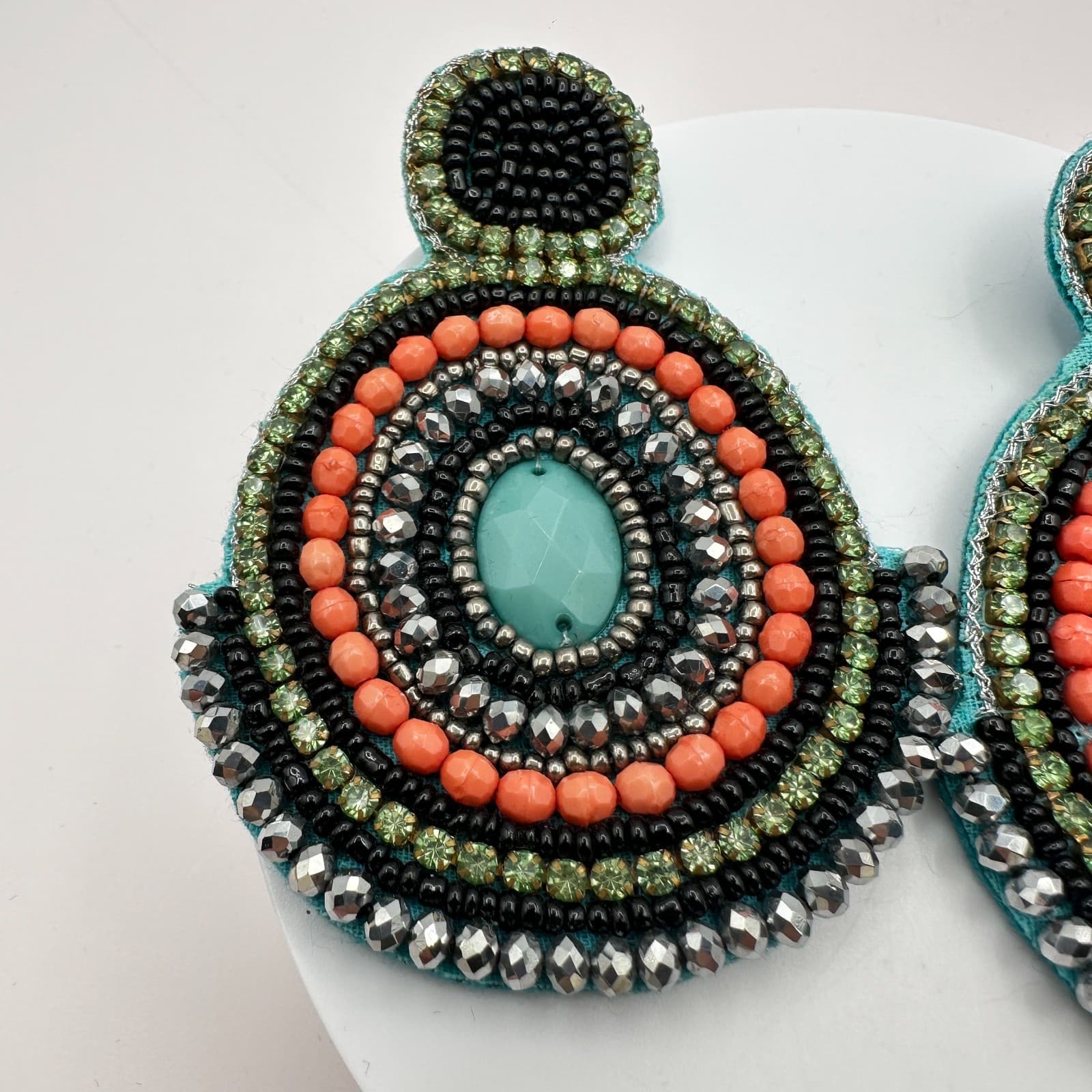 Vintage 90s Polycrome Seed Beaded Green Rhinestone Earrings Women's Jewelry - Thumbnail 4