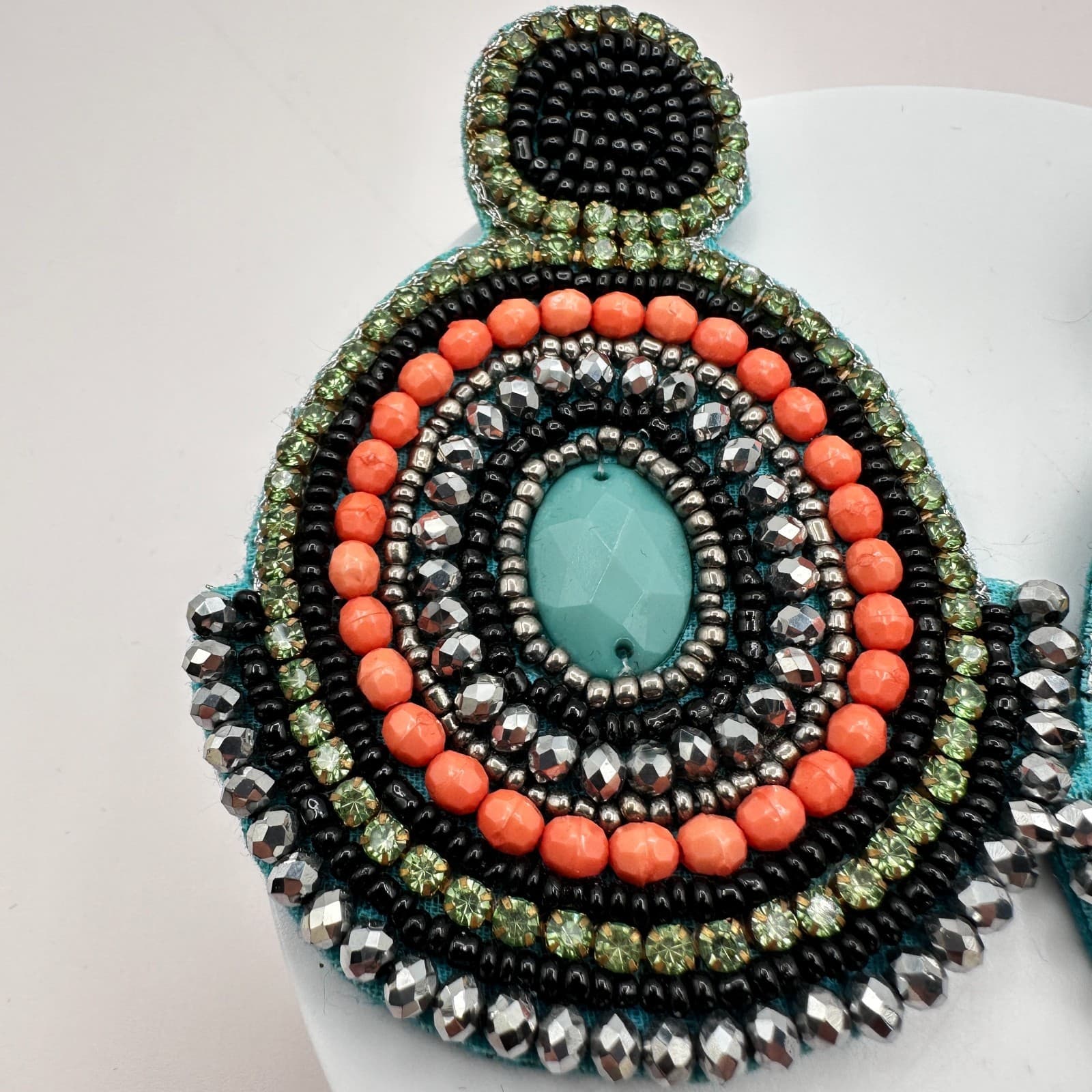 Vintage 90s Polycrome Seed Beaded Green Rhinestone Earrings Women's Jewelry - Thumbnail 5