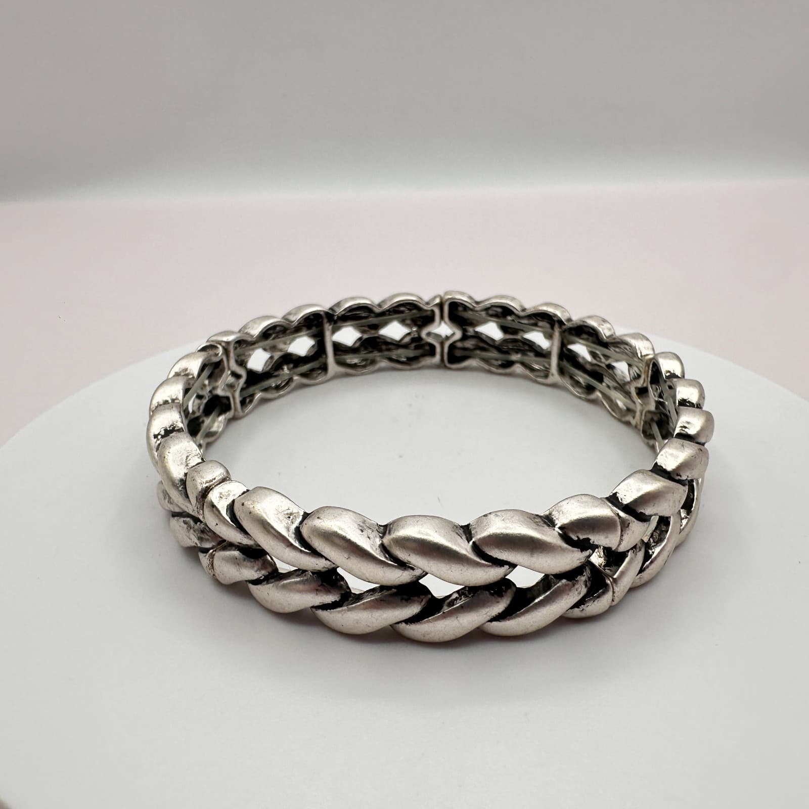 Vintage Y2K Silver Tone Braided Wide Cuff Stretch Bracelet Statement Jewelry 90s - Thumbnail 4