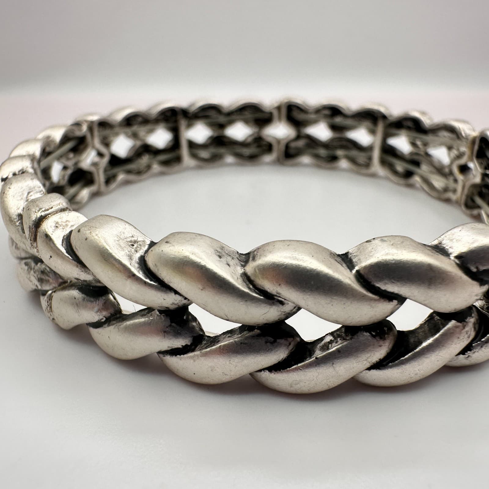 Vintage Y2K Silver Tone Braided Wide Cuff Stretch Bracelet Statement Jewelry 90s - Thumbnail 3
