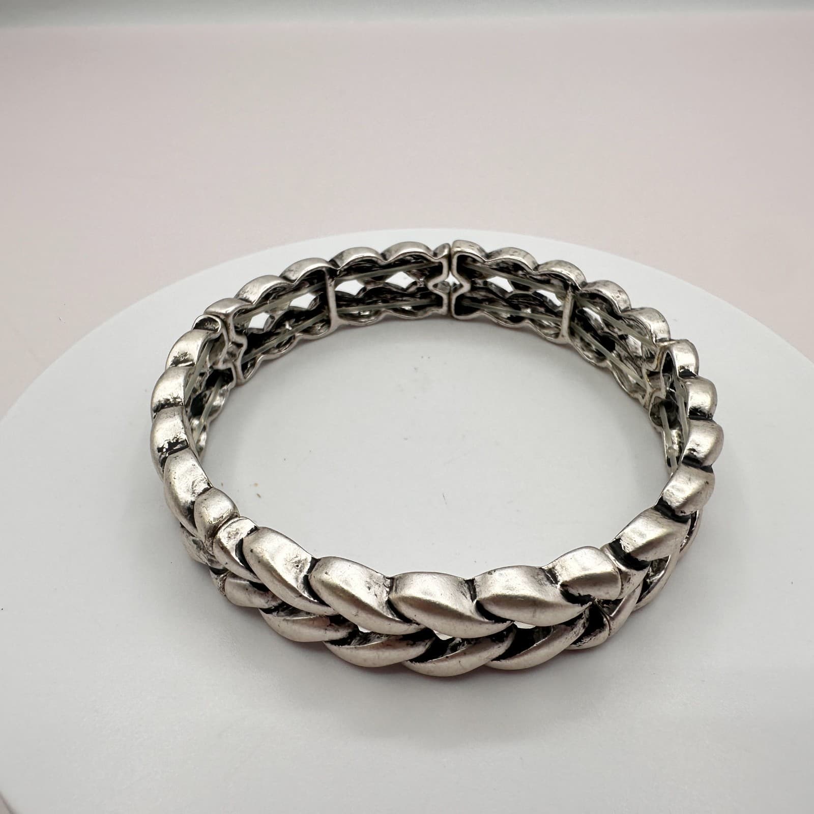 Vintage Y2K Silver Tone Braided Wide Cuff Stretch Bracelet Statement Jewelry 90s - Thumbnail 2
