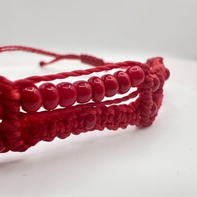 Vintage Y2K Red Woven Macrame Glass Beaded Bracelet Women's Classic Jewelry - Thumbnail 5