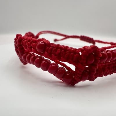 Vintage Y2K Red Woven Macrame Glass Beaded Bracelet Women's Classic Jewelry - Thumbnail 4