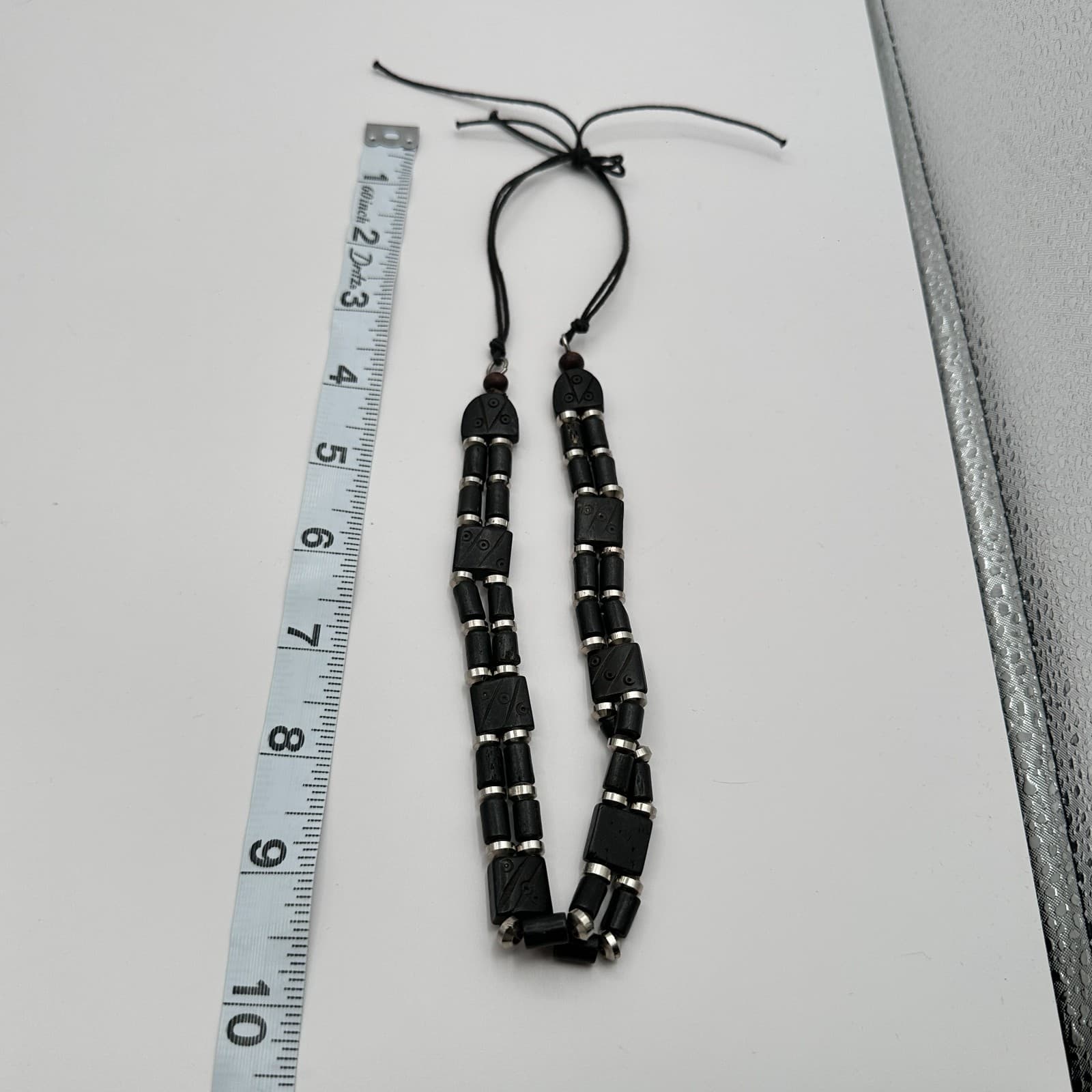 Vintage 90s Silver Tone Black Carved Wooden Beaded Necklace Boho Women's Jewelry - Thumbnail 7