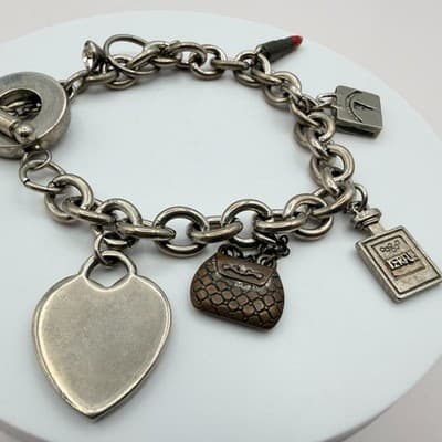 Vintage Y2K Silver Tone Heart Purse Perfume Lipstick Charm Bracelet Jewelry - Thumbnail 4