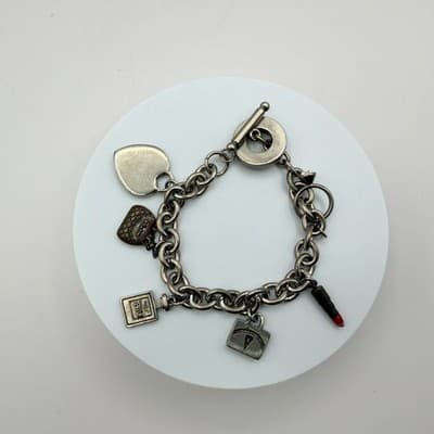 Vintage Y2K Silver Tone Heart Purse Perfume Lipstick Charm Bracelet Jewelry - Thumbnail 8