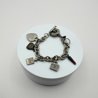 Vintage Y2K Silver Tone Heart Purse Perfume Lipstick Charm Bracelet Jewelry - Thumbnail 7