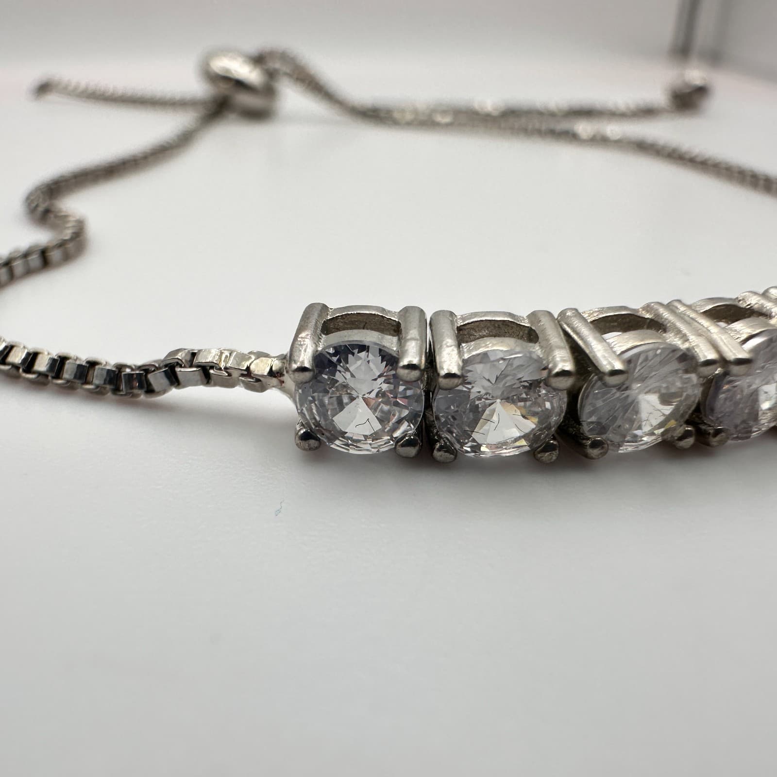 Vintage 90s Silver Tone Tennis Bolo Rhinestone Bracelet Women's Classic Jewelry - Thumbnail 4