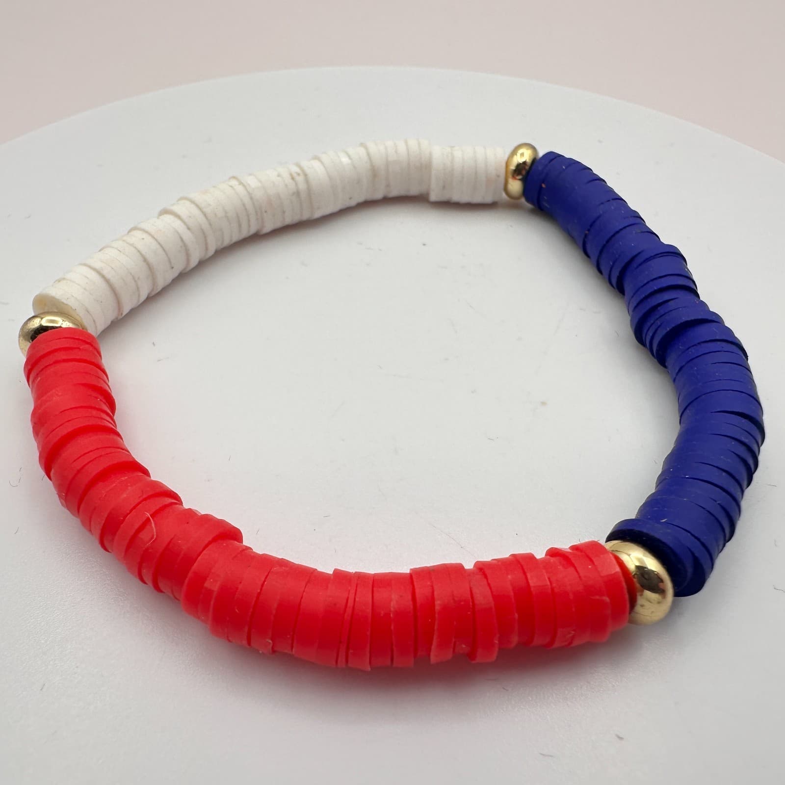 Vintage 90s American Flag Heishi Beaded Stretch Bracelet Classic Fashion Jewelry - Thumbnail 3