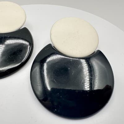 Vintage 80s 90s Black & Cream Geometric Statement Stud Earrings Women's Jewelry - Thumbnail 3