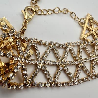 Vintage 90s Gold Tone Geometric Clear Rhinestone Bracelet Women's Jewelry - Thumbnail 4