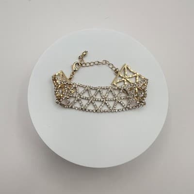 Vintage 90s Gold Tone Geometric Clear Rhinestone Bracelet Women's Jewelry - Thumbnail 2