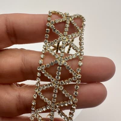 Vintage 90s Gold Tone Geometric Clear Rhinestone Bracelet Women's Jewelry - Thumbnail 6