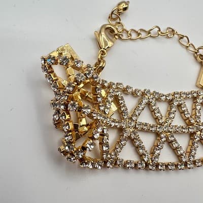 Vintage 90s Gold Tone Geometric Clear Rhinestone Bracelet Women's Jewelry - Thumbnail 3