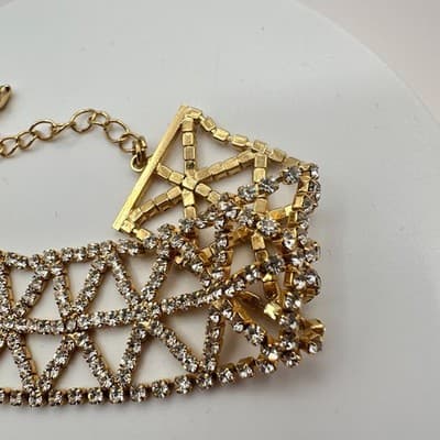 Vintage 90s Gold Tone Geometric Clear Rhinestone Bracelet Women's Jewelry - Thumbnail 5