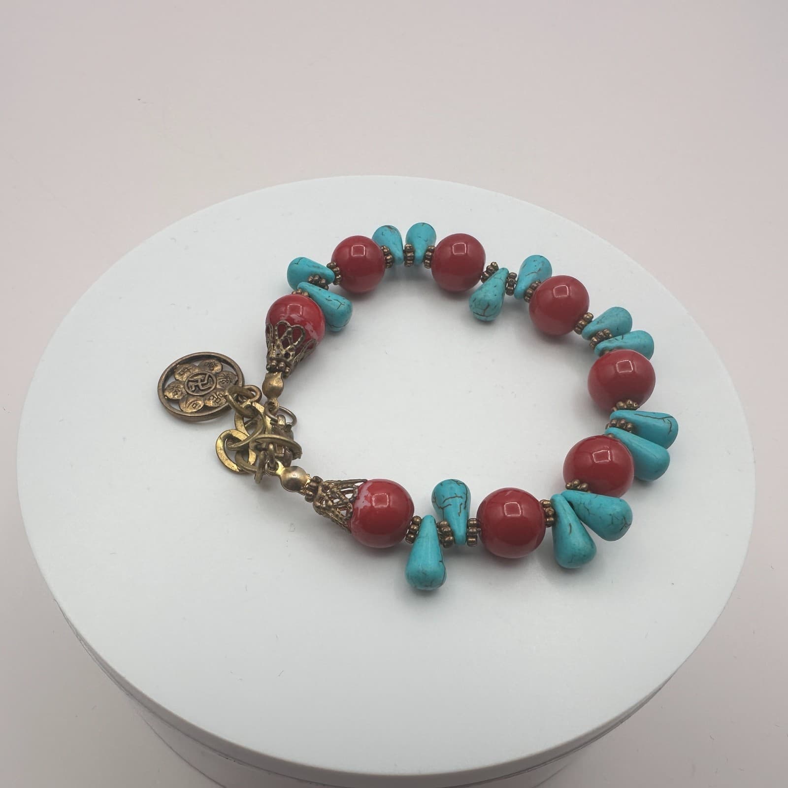 Vintage 90s Gold Tone Red Beaded Turquoise Stone Bracelet Women's Jewelry - Thumbnail 2