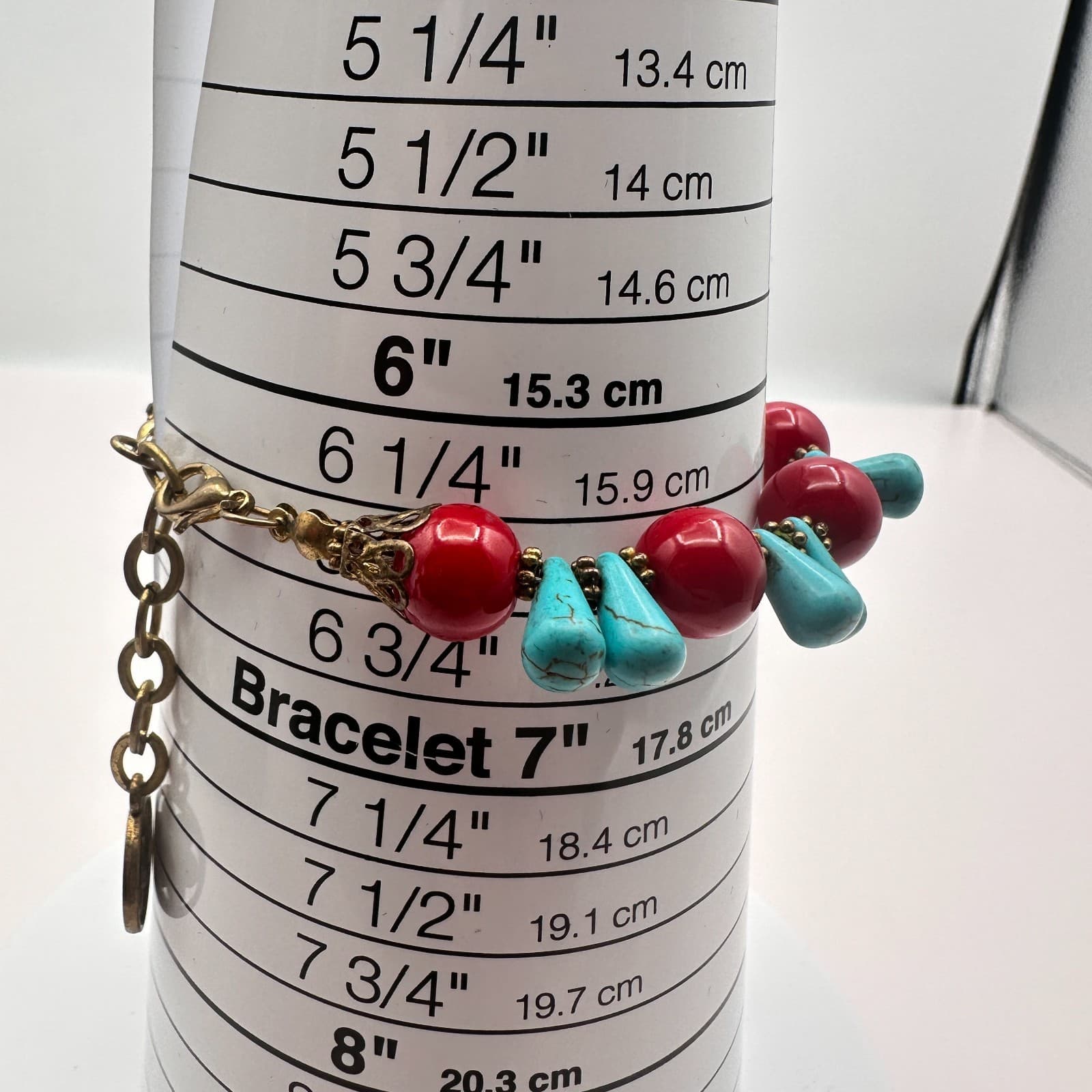 Vintage 90s Gold Tone Red Beaded Turquoise Stone Bracelet Women's Jewelry - Thumbnail 10
