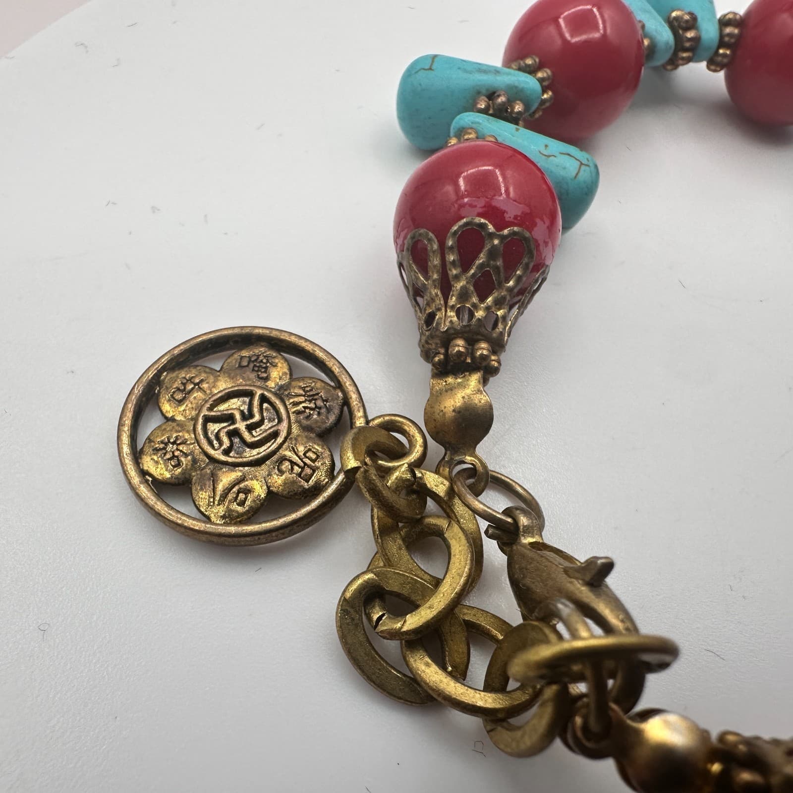 Vintage 90s Gold Tone Red Beaded Turquoise Stone Bracelet Women's Jewelry - Thumbnail 4
