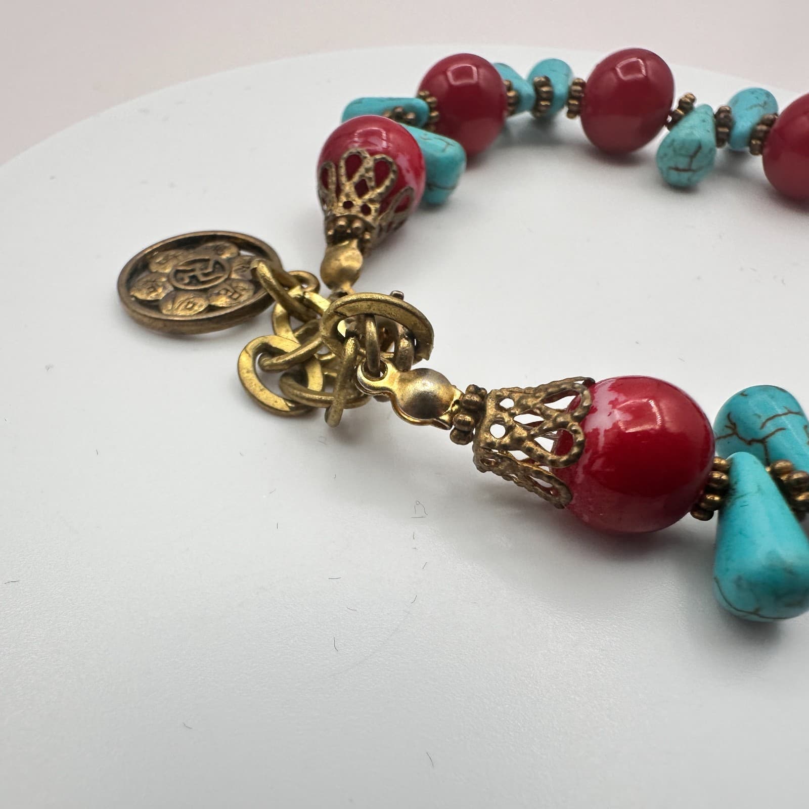 Vintage 90s Gold Tone Red Beaded Turquoise Stone Bracelet Women's Jewelry - Thumbnail 7
