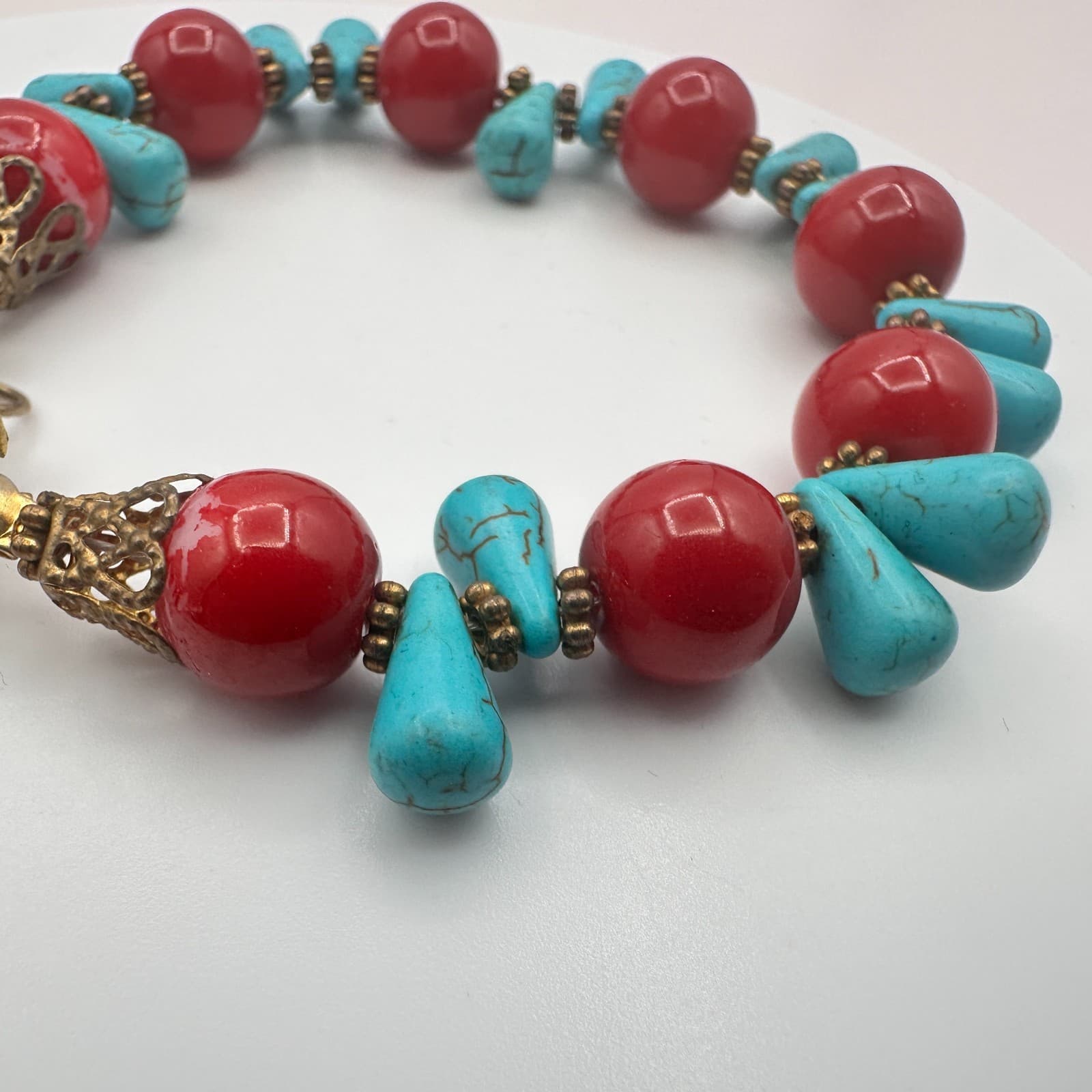 Vintage 90s Gold Tone Red Beaded Turquoise Stone Bracelet Women's Jewelry - Thumbnail 3