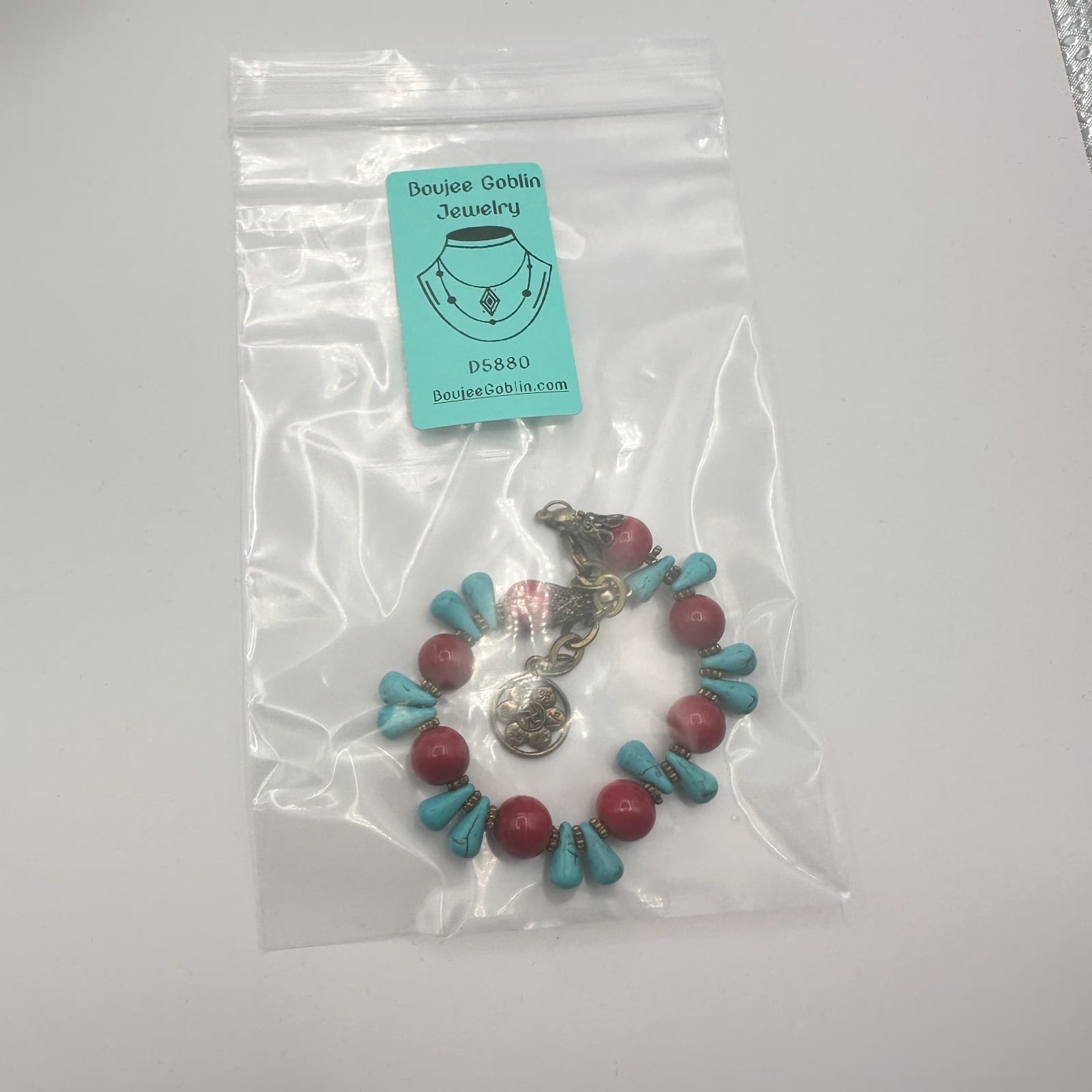 Vintage 90s Gold Tone Red Beaded Turquoise Stone Bracelet Women's Jewelry - Thumbnail 9