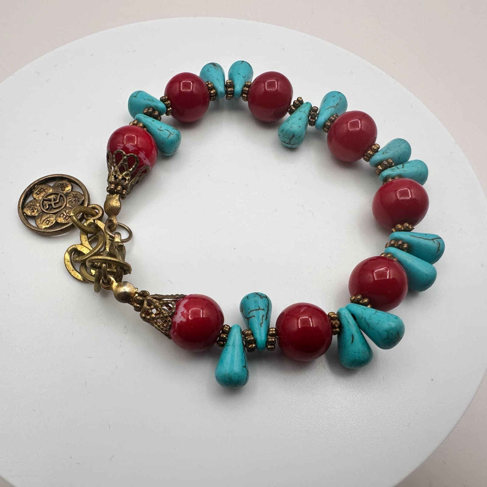 Vintage 90s Gold Tone Red Beaded Turquoise Stone Bracelet Women's Jewelry - Thumbnail 6