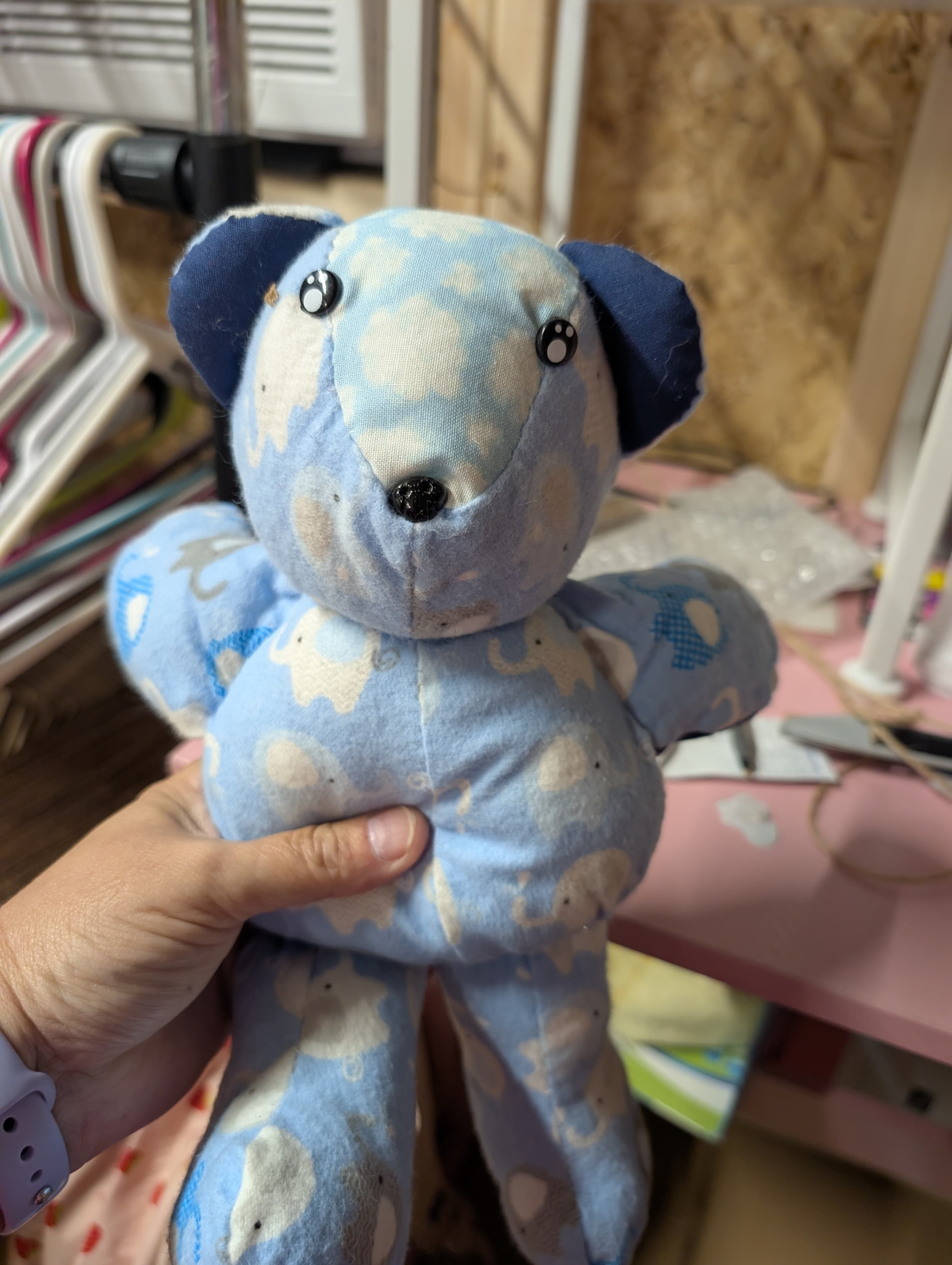 Handmade Blue Elephant Print Plush Teddy Bear - Thumbnail 2