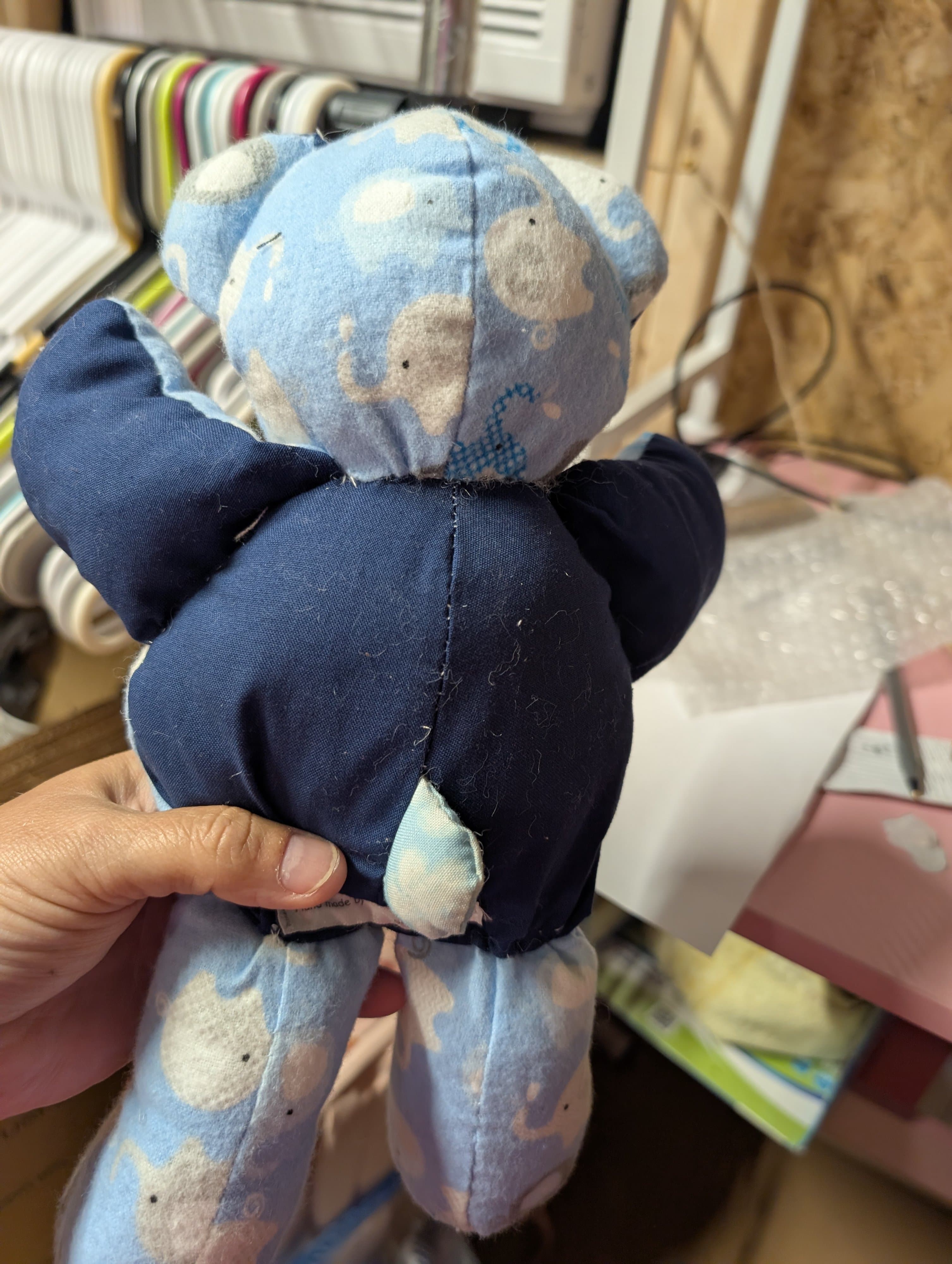 Handmade Blue Elephant Print Plush Teddy Bear - Thumbnail 3