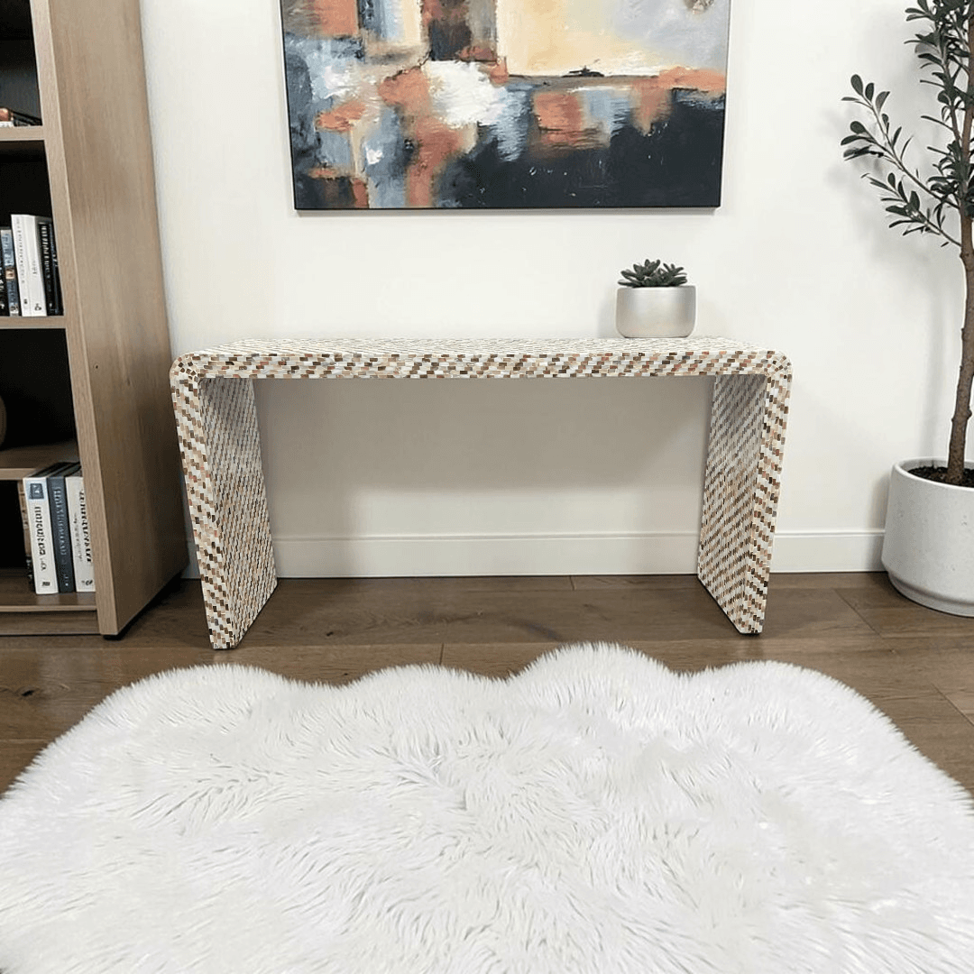 Rowena Interiors Ventura Reclaimed Wood and Mother of Pearl Waterfall Console Table