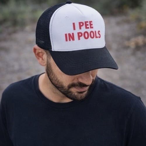 I Pee In Pools Trucker Hat Funny Pool Party Snapback Mesh Cap Black White - Thumbnail 2