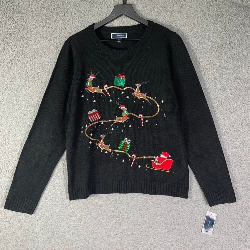 Karen Scott Black Holiday Embroidered Sweater Women's XL Christmas Pullover NWT - Thumbnail 2