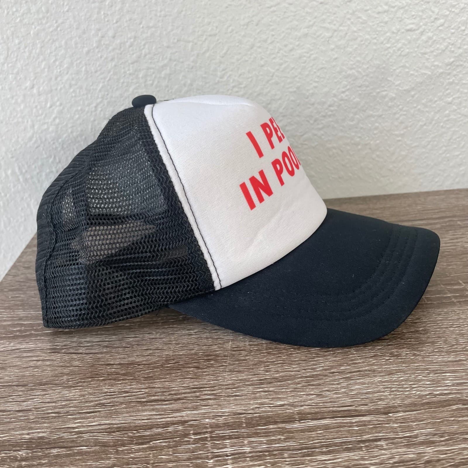 I Pee In Pools Trucker Hat Funny Pool Party Snapback Mesh Cap Black White - Thumbnail 8