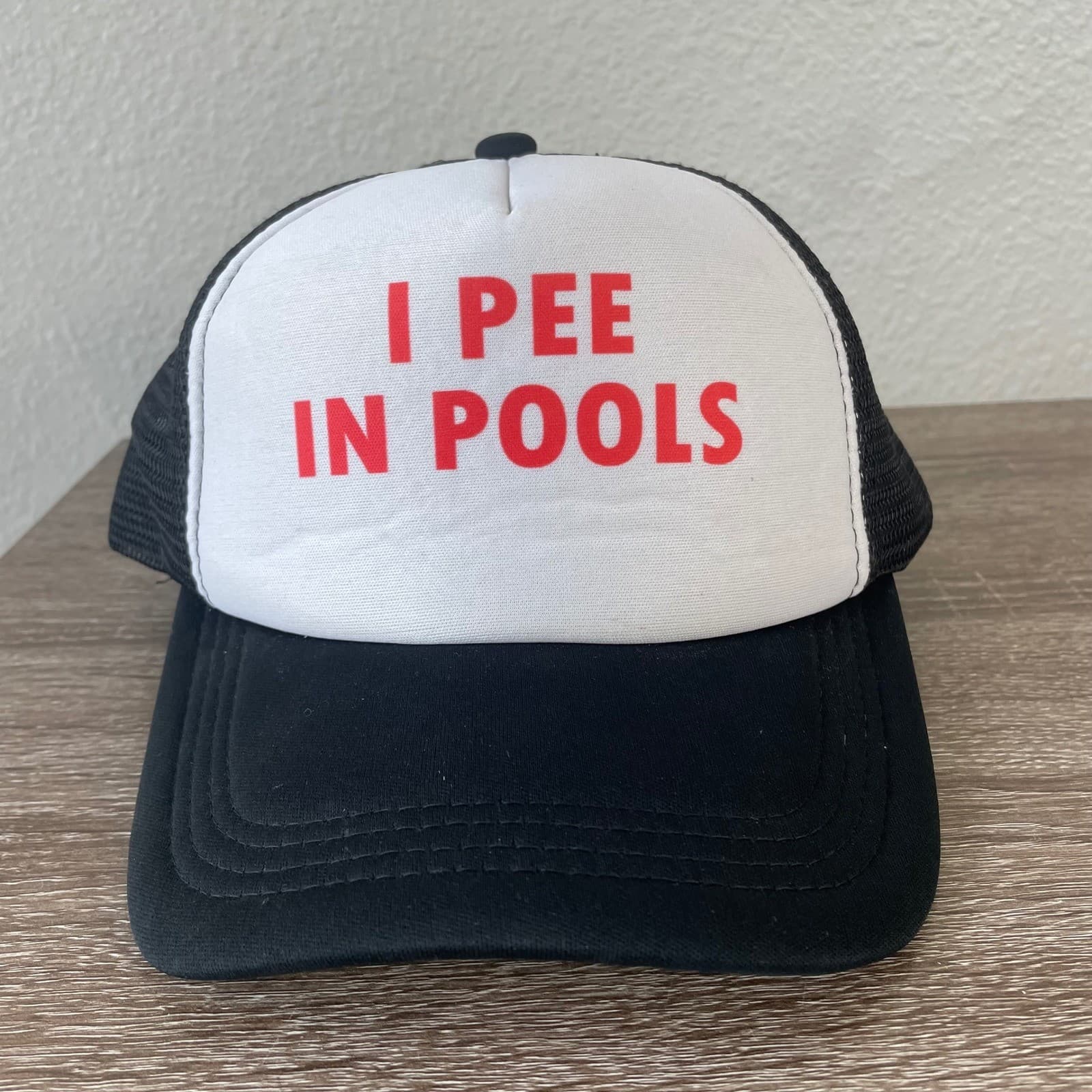 I Pee In Pools Trucker Hat Funny Pool Party Snapback Mesh Cap Black White - Thumbnail 4
