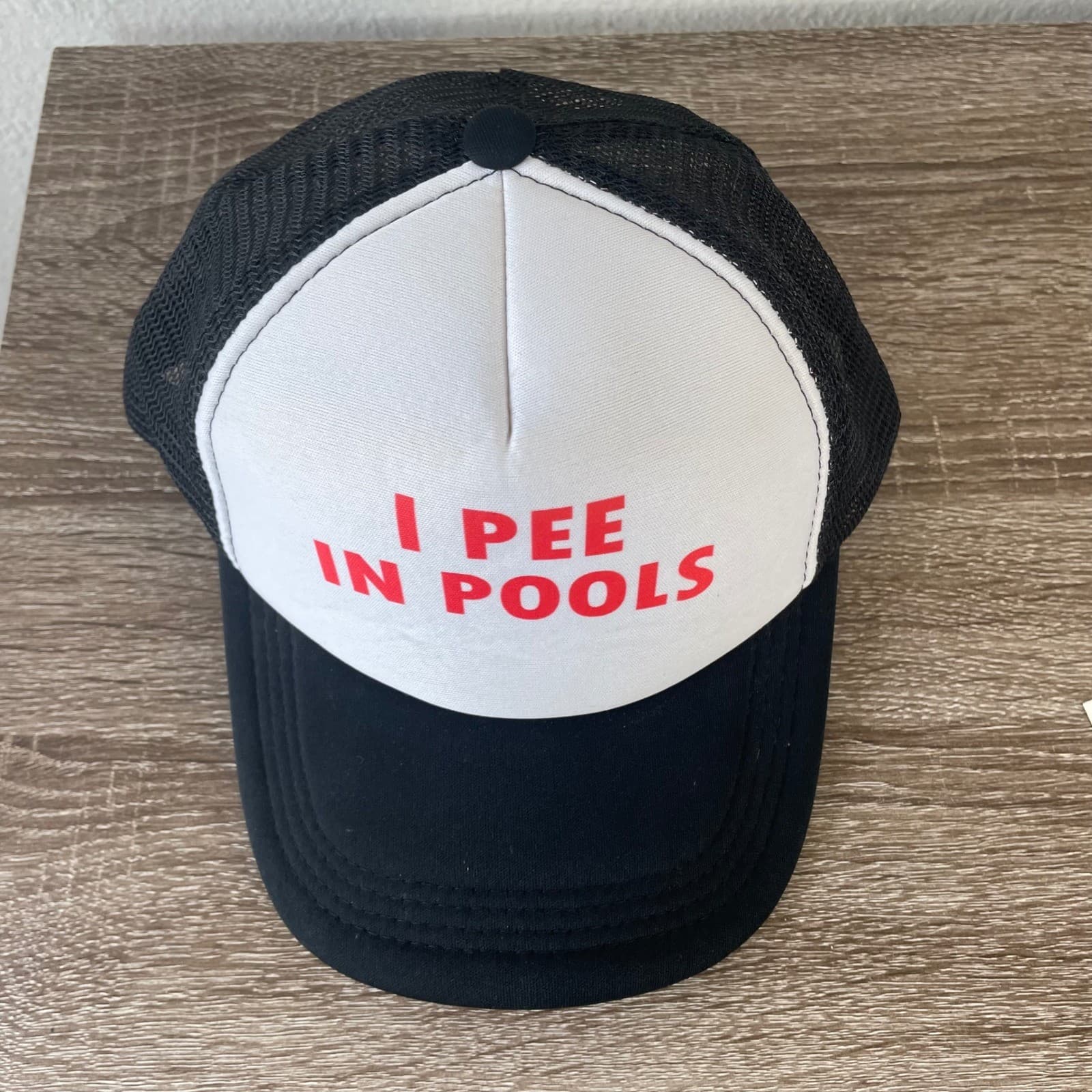 I Pee In Pools Trucker Hat Funny Pool Party Snapback Mesh Cap Black White - Thumbnail 6