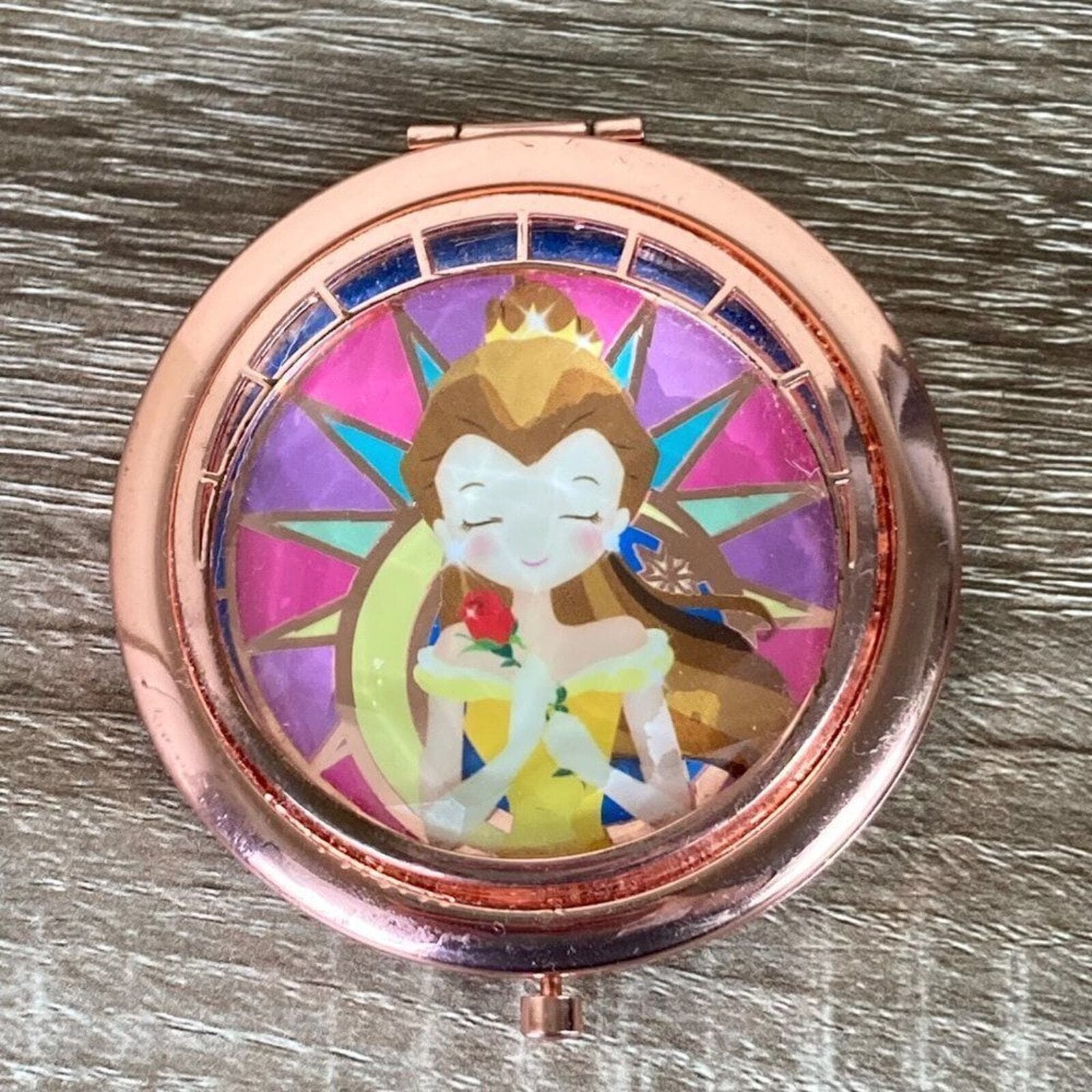 Disney Store Belle Compact Mirror 25th Anniversary Beauty Beast Art Rose Gold - Thumbnail 2
