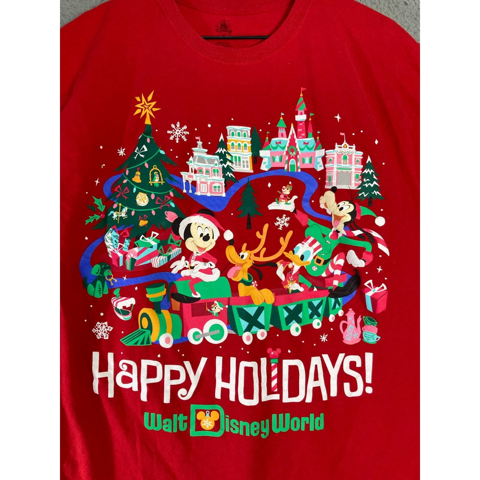Disney Parks Happy Holidays T-Shirt XL Red Mickey & Friends Graphic Print - Thumbnail 5